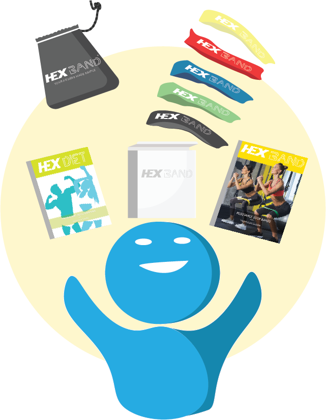 Hexband brand system — resistance bands, pouch, diet guide and packaging I designed